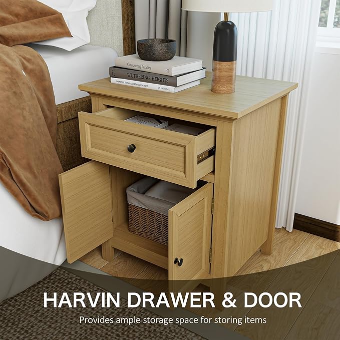 Harvin Nightstand, Solid Wood End Table with Drawer & Door, Timeless Classic Side Table for Bedroom, Living Room or Home Offices