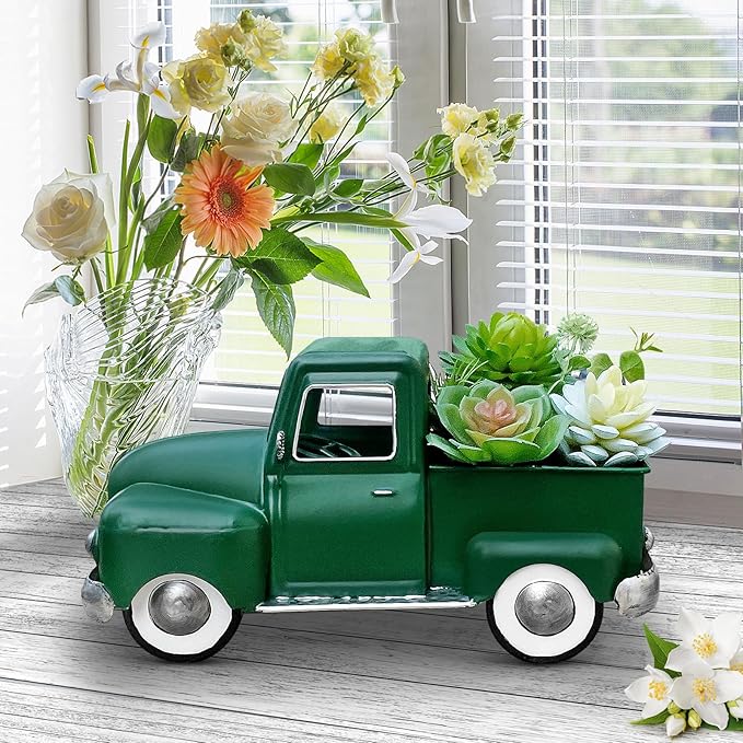 Farmhouse Green Truck Decor, Metal Pickup Truck Planter, Truck Decor, Vintage Truck Decor Desktop Storage Decor Model for Home Indoor and Outdoor Table Center Decor