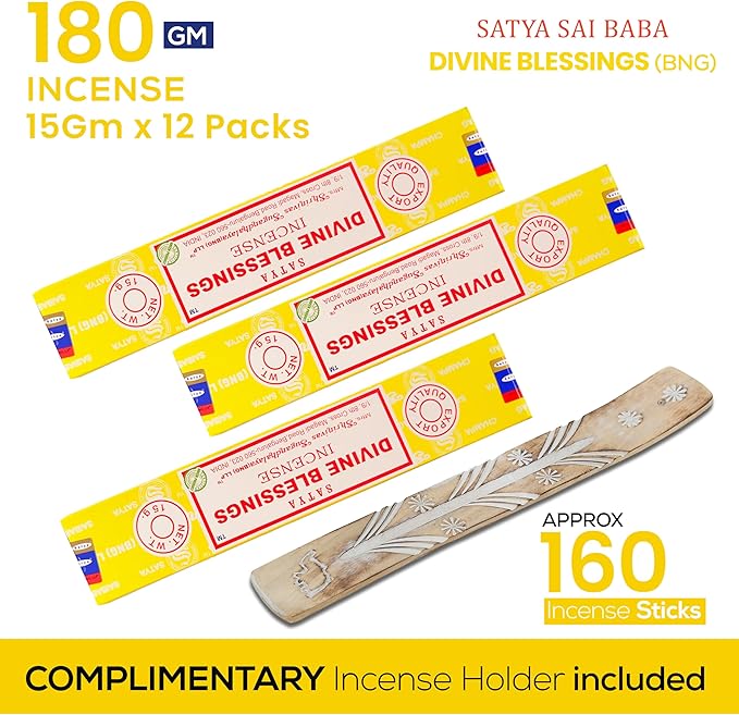 Satya Divine Blessings Incense Sticks, Satya Bng (Bangalore) Insenses 15gmx12 Pack with Raajsee Incense Holder Bundle, Satya Nagchampa Natural Incense