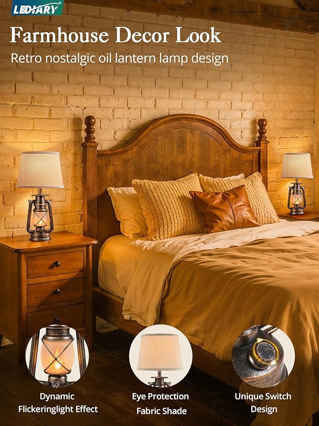LEDIARY 18.72" Black Gold Vintage Lantern Flickering Flame Table Lamps for Bedrooms Set of 2, Small Farmhouse Rustic Vintage End Table Lamps, Halloween Decorative Lantern Bedside Lamps for Living Room
