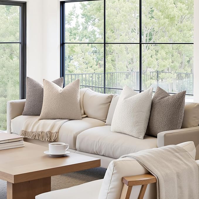 MIULEE Pack of 4 Decorative Textured Boucle Throw Pillow Covers 24x24 Inch Neutral Accent Euro Sham Pillow Cases Soft Couch Cushion Covers Modern Farmhouse Boho Chair Sofa Bed Livingroom Home Decor
