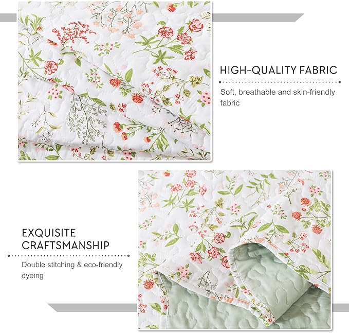Travan 3-Piece Quilt Set Quilted Bedspread Lightweight Coverlet Set Garden Style Floral Printed Oversized Quilted Bedding Set with Shams for All Season, Flower Sea, Queen Size