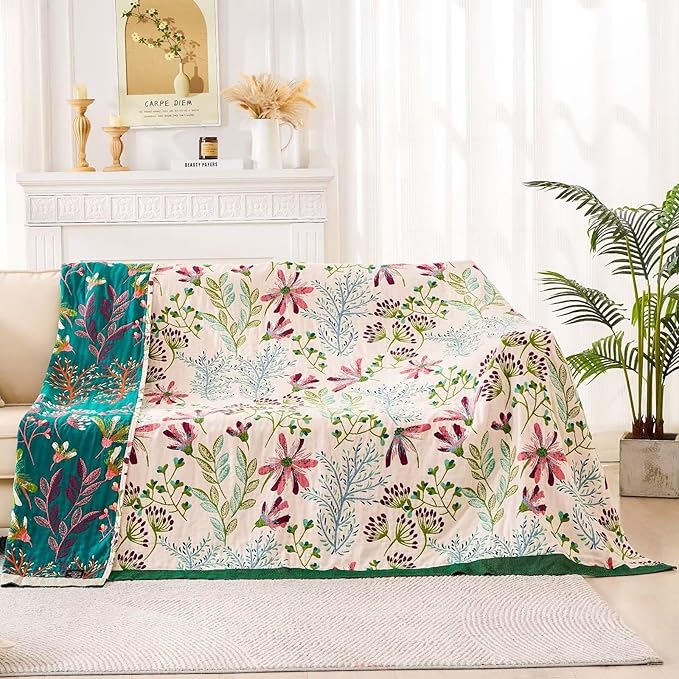 Boho Throw Blanket for Bed, 100% Cotton Soft Rustic Quilt Fall Blanket, 80" 90" Floral Printed Farmhouse Decor Bed Blankets, All Season Rustic Reversible Bohemian Throw Quilt