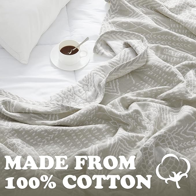 jinchan Boho 100% Cotton Muslin 50x60 Throw Blanket Lightweight 3-Layer Light Grey Blanket Washable Reversible Breathable Decorative Geometric Striped Patterned Soft Cozy for Sofa Bed All Season Gift