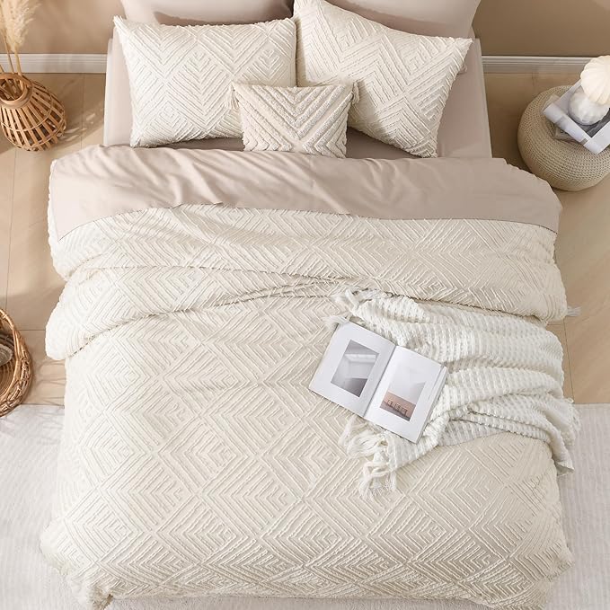 Andency Oversized King Comforter 120''x120'', 3 Pieces Beige Super King Boho Bedding Set & Collections, All Season Soft Farmhouse Tufted Fluffy Bed Set (1 Comforter, 2 Pillowcases)