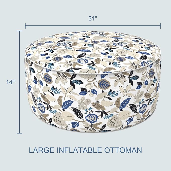 LVTXIII Indoor/Outdoor Inflatable Ottoman, D31 x H14 Inch Large Round Ottoman, All Weather Foot Rest Stool, Portable Footrest for Patio, Garden, Camping and Home - Breeze Leaves Beige