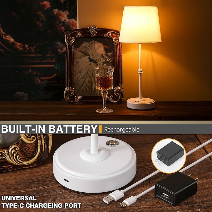 Rechargeable LED Cordless Table Lamp, 5200mAh Battery Operated, 3 Level Brightness, Portable Night Bedside Lamp, Ambient Desk Light for Home Decor, Patio, Restaurant, Dinningt (White)