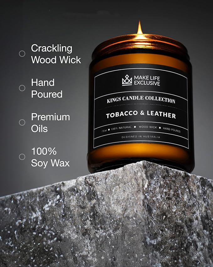 Scented Candles for Men | Tobacco & Leather Scented | Wooden Wick, Long Lasting, Masculine Scents | Natural Soy Jar Candle for Home, Bacehlor Pad Decor | The Perfect Mens Gift