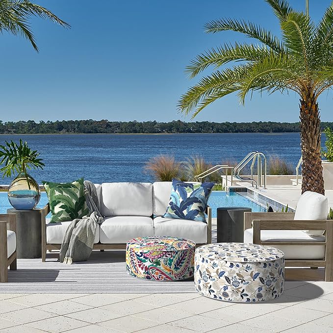 LVTXIII Indoor/Outdoor Inflatable Ottoman, D31 x H14 Inch Large Round Ottoman, All Weather Foot Rest Stool, Portable Footrest for Patio, Garden, Camping and Home - Breeze Leaves Beige