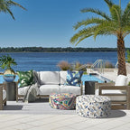 LVTXIII Indoor/Outdoor Inflatable Ottoman, D31 x H14 Inch Large Round Ottoman, All Weather Foot Rest Stool, Portable Footrest for Patio, Garden, Camping and Home - Breeze Leaves Beige