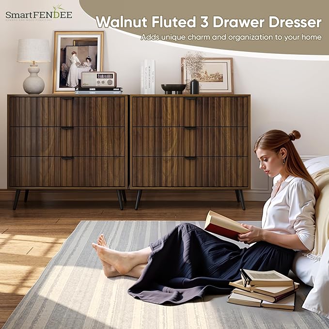 Fluted 3 Drawers Dresser, 31.5“ W Mid- Century Modern Wooden Chest of Drawers, Large Night Stand Organizer for Bedroom, Closet, Hallway, Entryway, Walnut