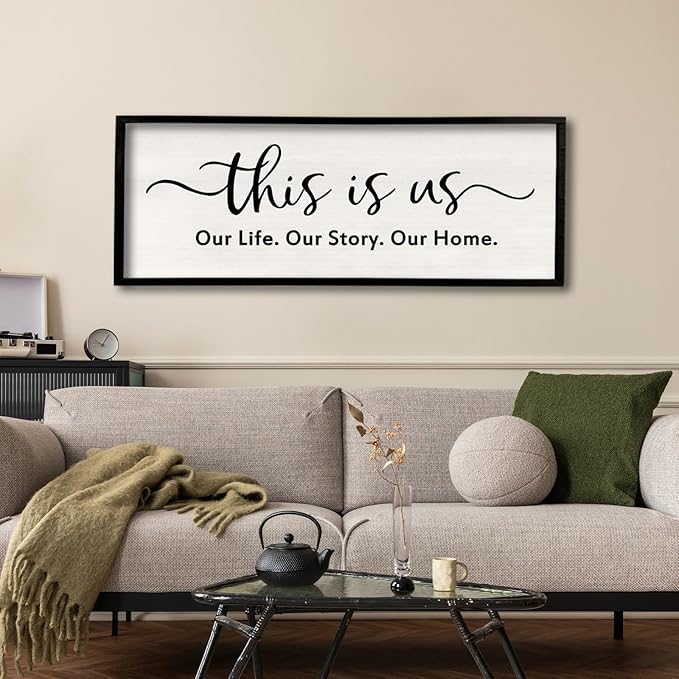 This is us Wall Decor Sign 32'' x 12'' Large Master Bedroom Home Life Story Wood Framed Vintage Family Sign Rustic Plaque Living Room Minimalist Farmhouse Hanging Wall Art (Black)