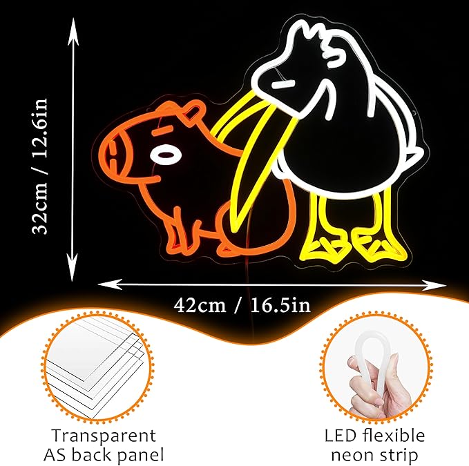 LISIGNVE Capybara Pelican Neon Sign for Wall Decor Funny Capybara Led Neon Light Sign Pelican Neon Light for Children's Room Kindergarten Bedroom Zoo Art Wall Decor(16.5”*12.6”)