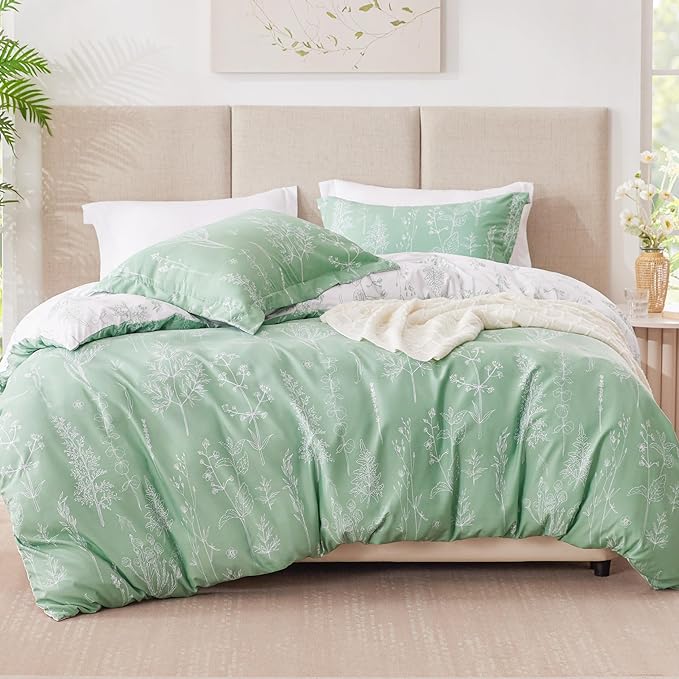 Love's cabin Comforter King Size Set - Sage Green King Comforter Set, 3 Pieces Cute Floral Bedding Sets for All Seasons,1 Soft Reversible Botanical Flowers Comforter and 2 Pillow Shams