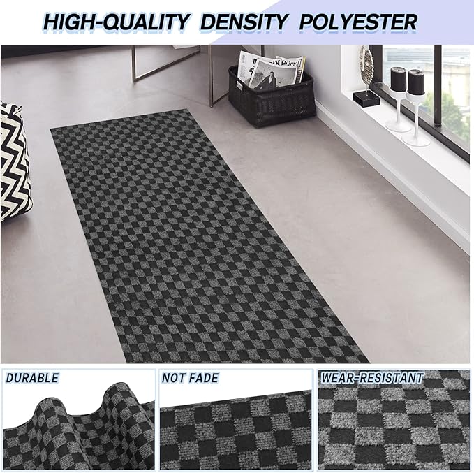 Custom Size Backed Non-Slip Area Rugs Runner, Easy Clean, Waterproof Runner Rugs for Hallway Entryway, Kitchen, Laundry, 2FT x 73FT, Gray Checkered