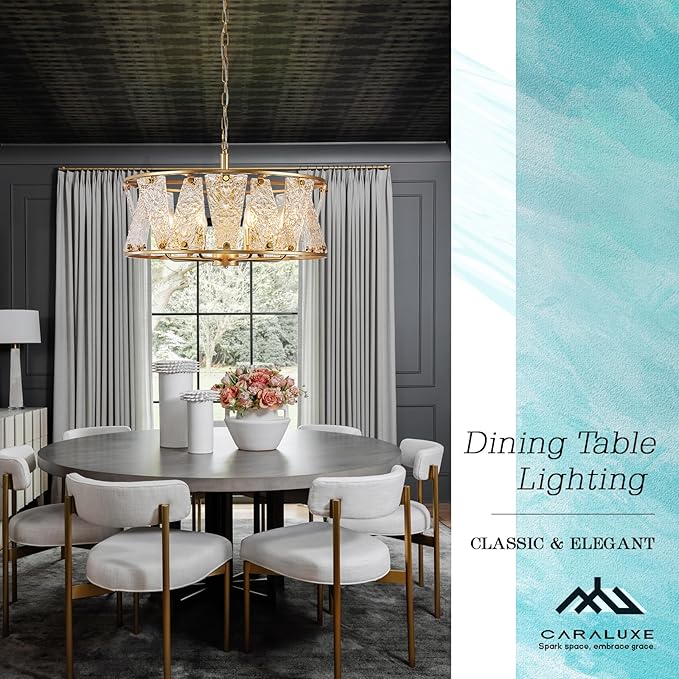 Modern Glass Chandelier 24in Gold Drum Chandelier Light Fixture 8-Light Hammered Crystal Glass Ceiling Chandelier Lighting for Living Room Dining Room Bedroom High Ceiling Entry Foyer