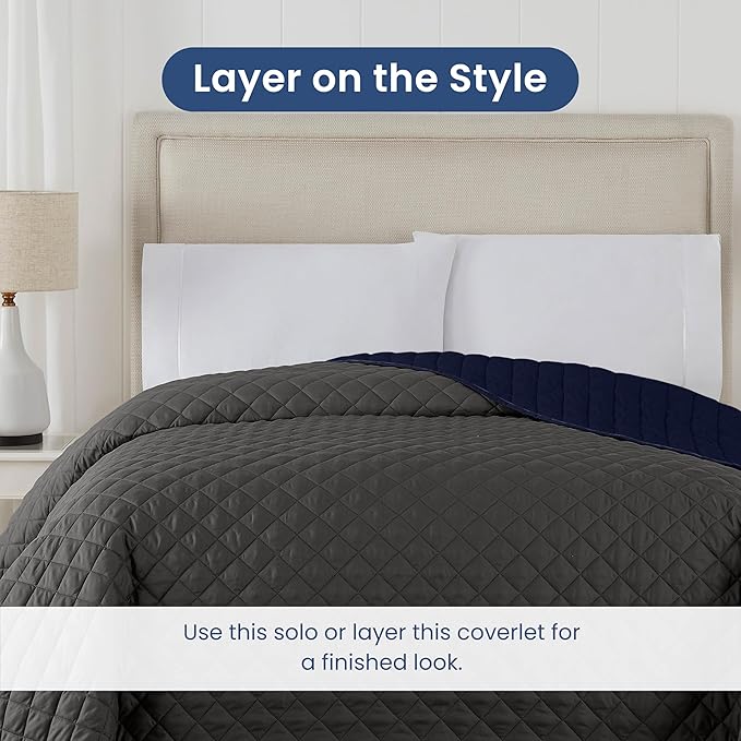 Martex Reversible Coverlet – Full Queen Size Quilt - Lightweight Quilt Full Size Bedding– Durable Queen Size Coverlet for Bed – Soft - Easy Care Bedding – Graphite/Navy