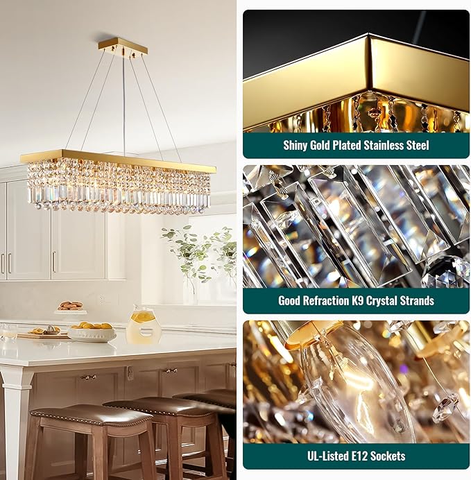 Siljoy Rectangular Gold Crystal Chandelier 8 Lights Modern Rectangle Raindrop Pendant Ceiling Light Fixture for Living Dining Room Kitchen Island Bar L40'' x W10'' x H10''