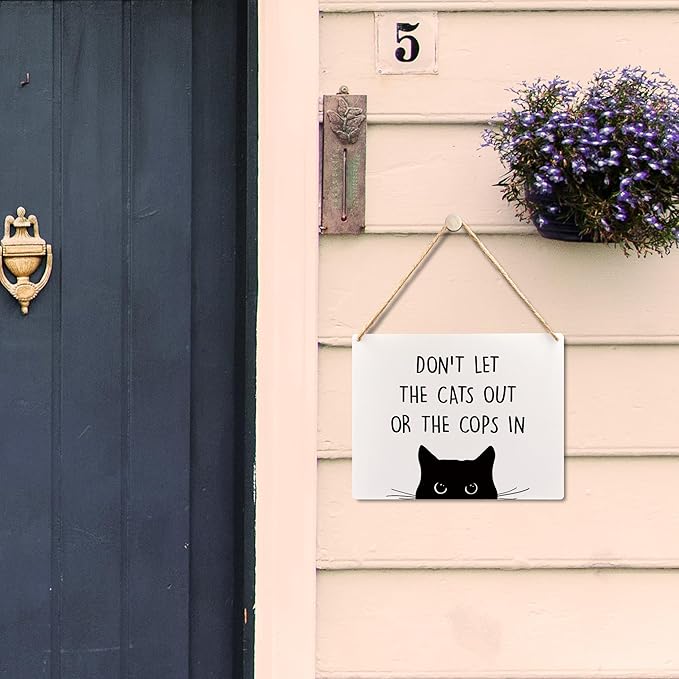 Wall Pediments Cat Welcome Sign,Don't Let the Cats Out or the Cops in Sign,Cat Hanging Welcome Sign for Front Door,Cat Decor,Cat Gifts,Cat Gifts for Cat Owners,10x8 Inches