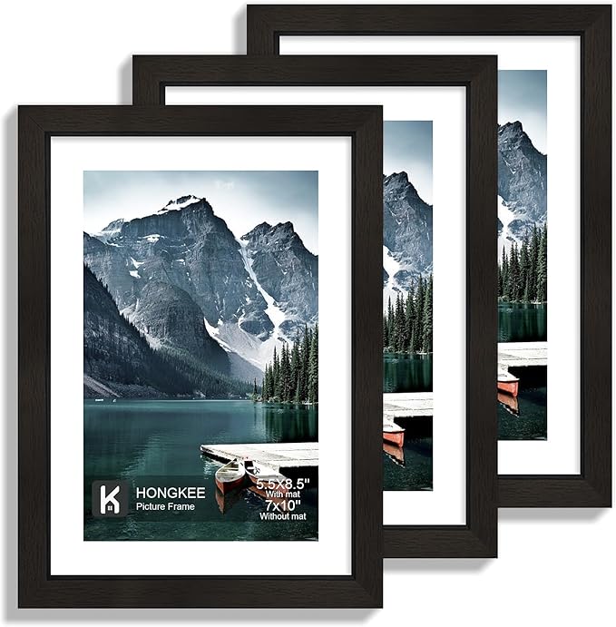 7x10 Frame with Real Glass - Display Pictures 5.5x8.5 with Mat or 7 x 10 without Mat, Photo Frame for Wall or Table Top Display(Black, 3 Pack)