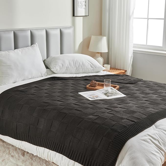 CozeCube Check Knit Throw Blanket, Jet Black Checkered Throw for Couch, Decorative Christmas Soft Cozy Warm Knitted Blanket for Bed Sofa Living Room, 60"X80"