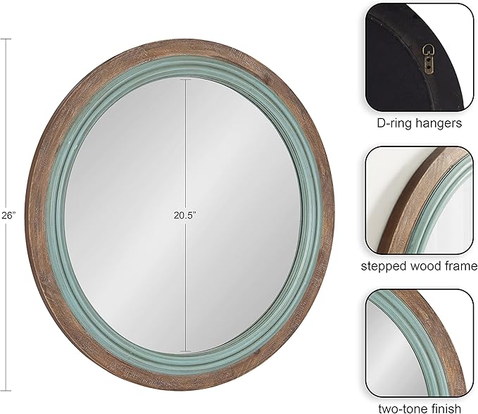 Kate and Laurel Palmer Rustic Farmhouse Round Wooden Mirror, 26 Inch Diameter, Blue and Rustic Brown, Modern Circle Decorative Wall Mirror with Paint Distressing