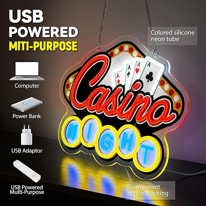 Casino Night Neon Sign for Wall Decor Casino Led Neon Light Dimmable Led Light Sign for Bar Casino Play Room Birthday Party Decor