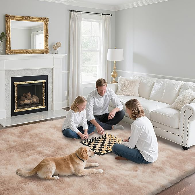 Fluffy Rug Shaggy Area Rug, Mottling Beige 8x10 Area Rugs for Living Room, Large Shag Area Rugs for Bedroom Kids Room Home Decor, Upgrade Anti-Skid Rectangular Fuzzy Rugs