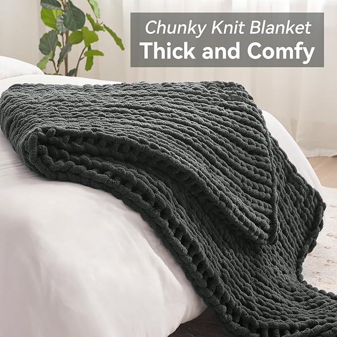 Chunky Knit Throw Blanket, 50''*60'' Knitted Throw Chenille Yarn for Bed Couch, Handmade Dark Grey Crochet Big Thick Blanket, Machine Washable Cute Comfy Blanket for Home Decor