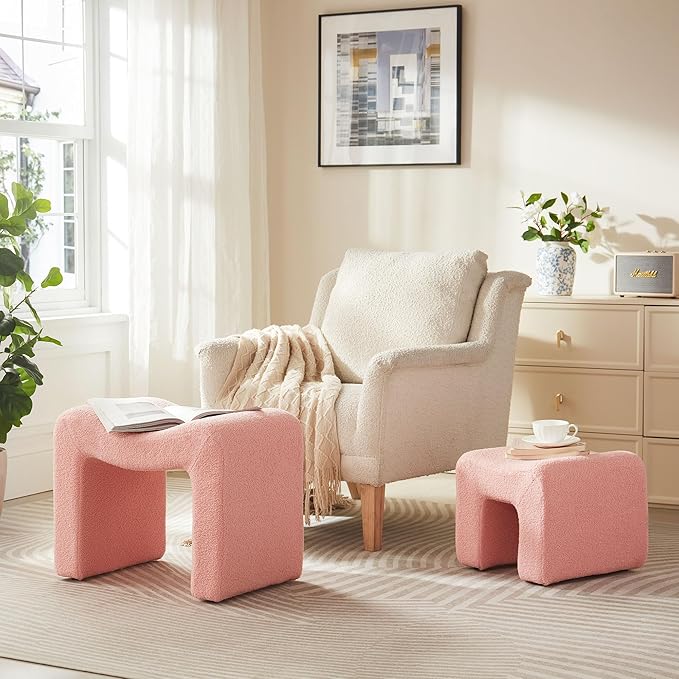 Ottoman Set of 2 Vanity Stool Chair Seating Backless Modern Foot Rest Teddy Velvet Small Footstool Ottoman for Makeup Room Living Room Bedroom Entryway,(2-in-1) Pink