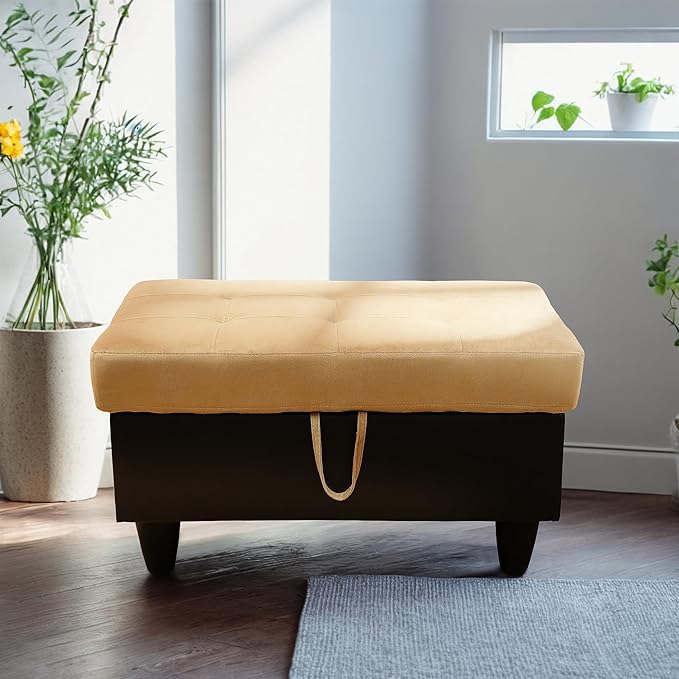 Ottoman Rectangular Storage Ottoman Bench, Flannel Footrest Stool Footstool with Lid for Living Room, Bedroom, Entryway, Champagne&Black, 35"x23.5"x17.5"