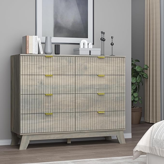 Fluted 8 Drawer Tall Dresser, 47.2" Wide Modern Boho Chest of Drawers, Wooden Storage Dresser TV Stand for Bedroom, Living Room, Closet, Hallway, Curved Profile Design