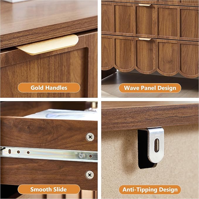 3 Drawer Dresser for Bedroom, Modern Closet Chest of Drawers with Wave Fluted Drawer, Wood Storage Small Dresser Organizer for Nursery Bedroom Living Room Hallway Closet (Walnut)