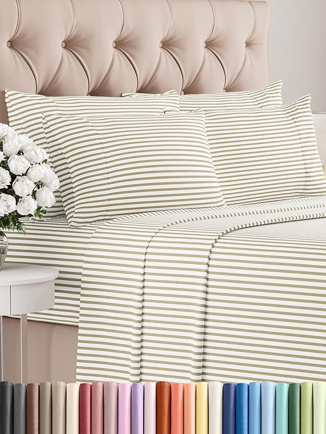 Queen Sheets Set 6 Piece - Includes 4 Pillowcases - Bed Sheets Queen Size - Soft Hotel Luxury Bedding - Cooling, Comfy & Breathable - 1 Flat, 1 Fitted & 4 Pillowcases w/ Deep Pockets - Beige Stripes