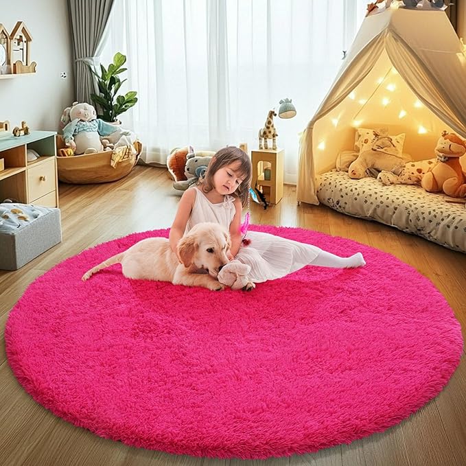 Fluffy Round Area Rugs for Living Room,Hot Pink 6'X6'Shag Circle Area Rugs for Bedroom,Non Slip Fuzzy Plush Rug for Kids Room Boys Girls Room and Dorm