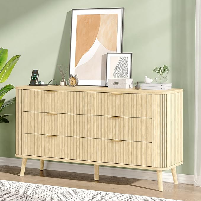 Alohappy Fluted 6 Drawer Dresser with Charging, 57" Wide Wood Dresser TV Stand, Mid Century Modern Long Dressers with Curved Profile Design for Closet (Natural Oak, 17.7" D x 57" W x 31.5" H)