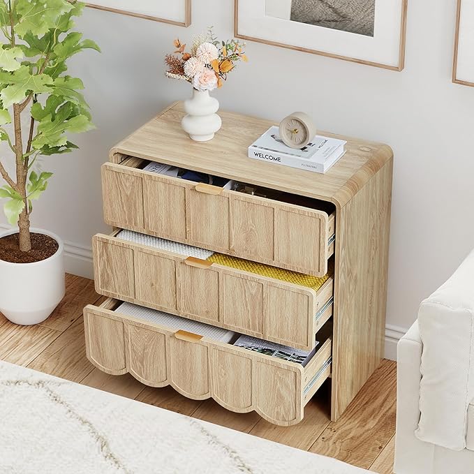 3 Drawer Dresser for Bedroom Set of 2, Modern Closet Chest of Drawers with Wave Fluted Drawer, Wood Storage Small Dresser Organizer for Nursery Bedroom Living Room Hallway Closet (Natural)