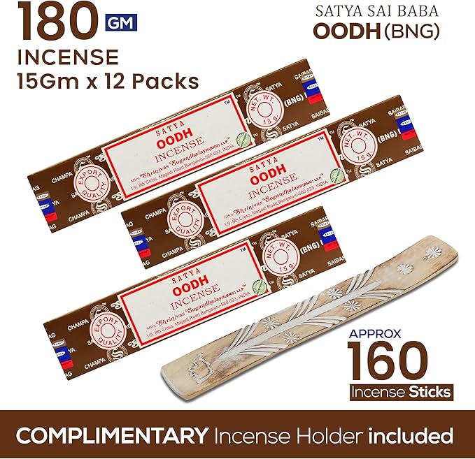 Satya Oodh Incense Sticks, Satya Bng Insenses 15gmx12 Pack with Raajsee Incense Holder Bundle, Satya Nagchampa Natural Incense