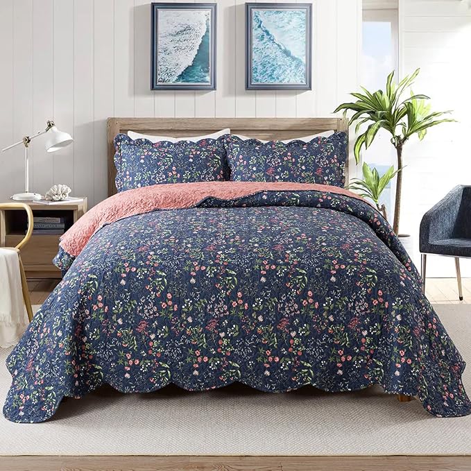 Travan 3-Piece Quilt Set Quilted Bedspread Lightweight Coverlet Set Garden Style Floral Printed Oversized Quilted Bedding Set for All Season, Blue Flower Sea, King Size