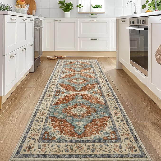 Topllen Runner Rug - 2'6"x8'Boho Washable Kitchen Rug, Non-Slip Soft Low Pile Rugs Indoor for Hallway Hall Living Room Bedroom Sunroom, Vintage Throw Stair Carpet Stain Resistance (Rust, 2.5x8ft)