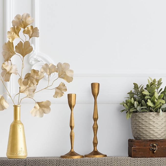 Gold Candlestick Holders Set of 2 – Brass Taper Candle Holders for Elegant Tabletop or Mantel Decor