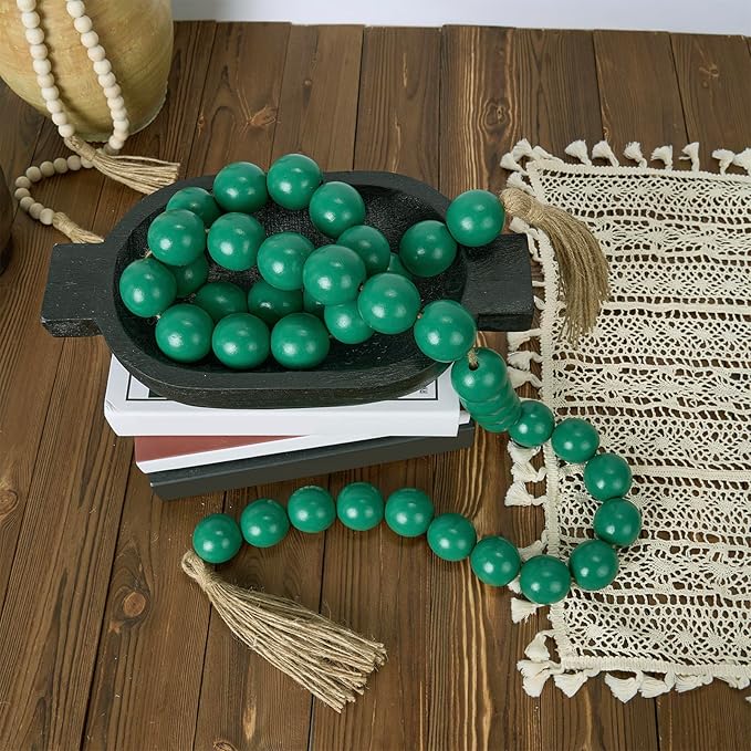 OMISHE 76" Long Extra Large Wood Bead Garland with 1.6" Diameter Wooden Beads and Tassels, Rustic Farmhouse Country Decorative Beads for Home Decor Tiered Tray Decor, Green