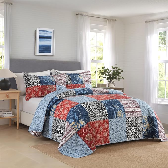 Secgo Twin Comforter Set for Bed - 100% Cotton Quilts Twin Size, Black Bedspreads (68 * 86 Inch) with 2 Pillow Shams, Patchwork Reversible Lightweight Bedding