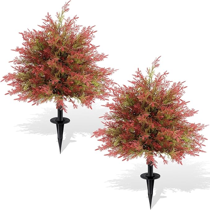Artificial Topiary Ball Trees with Ground Spikes UV Resistant Faux Greenery Shrubs Fake Shrubs for Outdoors, Realistic Faux Plants Bushes for Garden Porch Yard Patio Decor (Red Green Cedar)