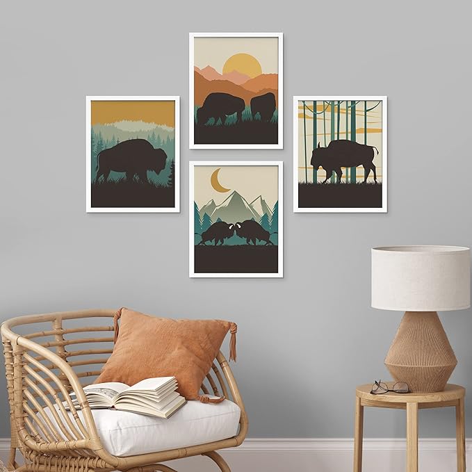 SIGNWIN Framed Country Farmhouse Vibrant Bison Wall Art, Set of 4 Silhouette Animals Wall Decor Prints, Wilderness Nature Wall D¨¦cor for Living Room, Bedroom - 12"x16" White
