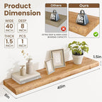 Floating Shelves, 8" Deep Rustic Solid Wood Wall Mounted Floating Shelves, Wall Shelves with Invisible Bracket for Living Room Bathroom Bedroom Kitchen, 40 Inch, Natural