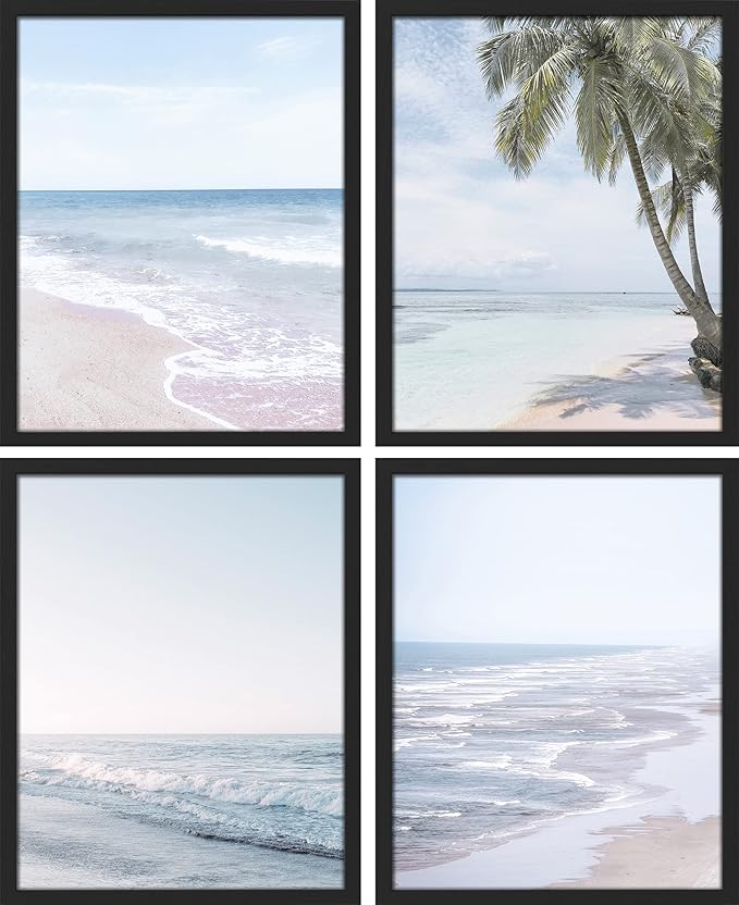 SIGNWIN Framed White Pastel Tropical Island Ocean Beach Shore Wall Art, Set of 4 Landscape Colorful Wall Decor Prints, Nature Wilderness Wall Décor for Living Room, Bedroom - 12"x16" Black