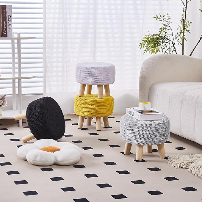 Wimarsbon Small Ottomans, 100% Hand Knitted Pouf Ottoman, Round Footrest with 4 Non-Skid Wood Legs, Boho Décor Cotton Rope Pouffe, Leisure Floor Step Chair for Living Room (Black)