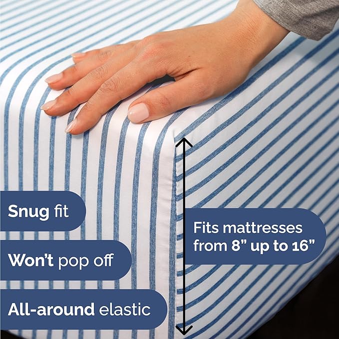 Twin Sheets Set 4 Piece - Includes 2 Pillowcases - Bed Sheets Twin Size - Soft Hotel Luxury Bedding - Cooling, Comfy & Breathable - 1 Flat & 1 Fitted & 2 Pillowcases w/ Deep Pockets - Blue Stripes