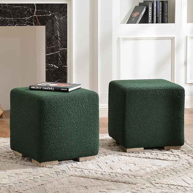 KINWELL 18.5" Wide Modern Square Boucle Upholstered Ottoman with Solid Wood Legs Set of 2, Cube Ottoman Multi-Functional Sofa Footrest, Extra Seating for Living Room, Bedroom, Fully Assembled (Green)